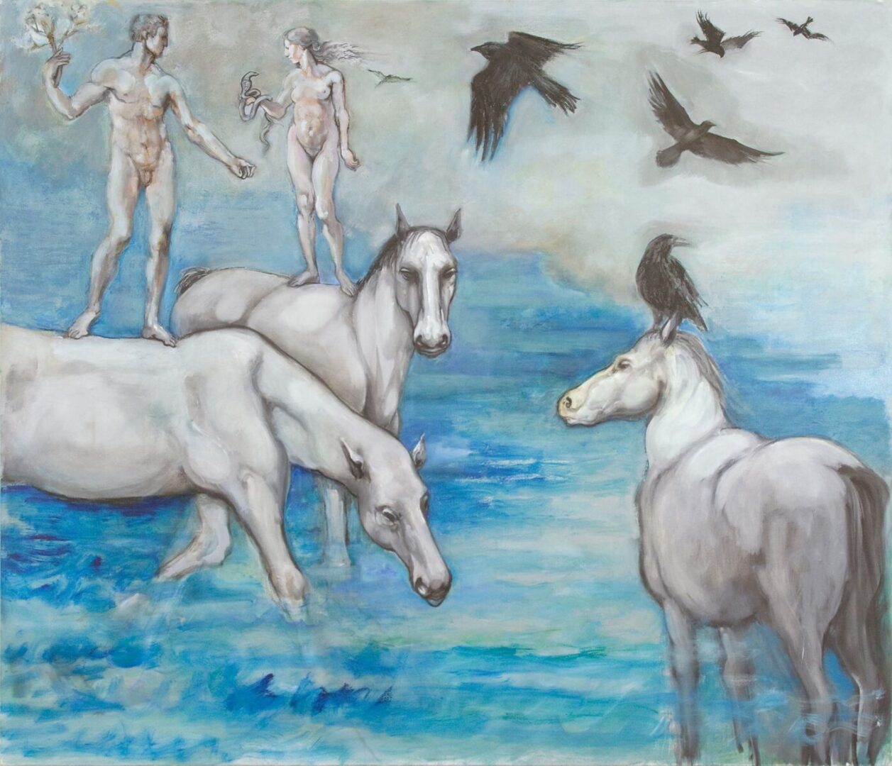 A painting of horses and birds in the water. A painting of horses and birds in the water.