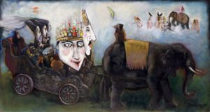 A painting of two people and an elephant.