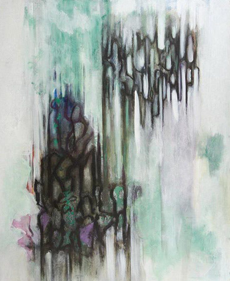 A painting of a waterfall with green and purple colors. A painting of a waterfall with green and purple colors.