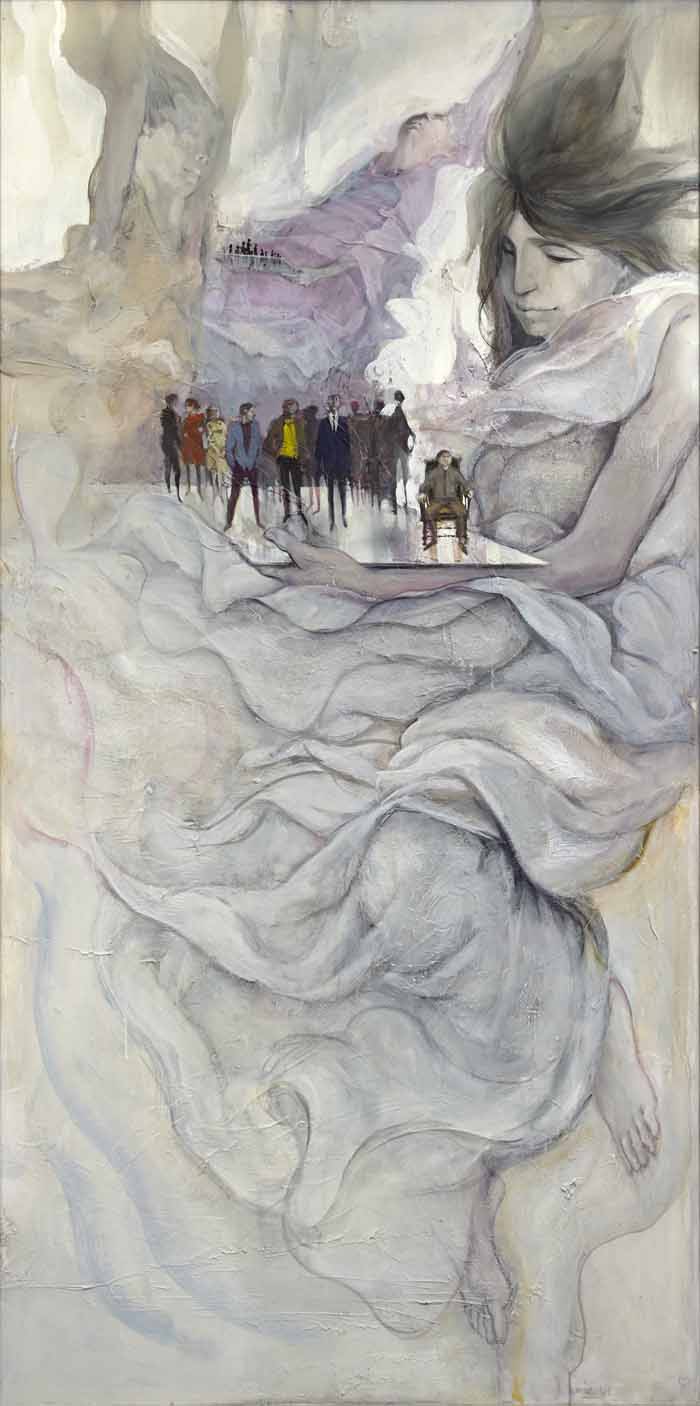 A painting of people standing on top of a mountain A painting of people standing on top of a mountain