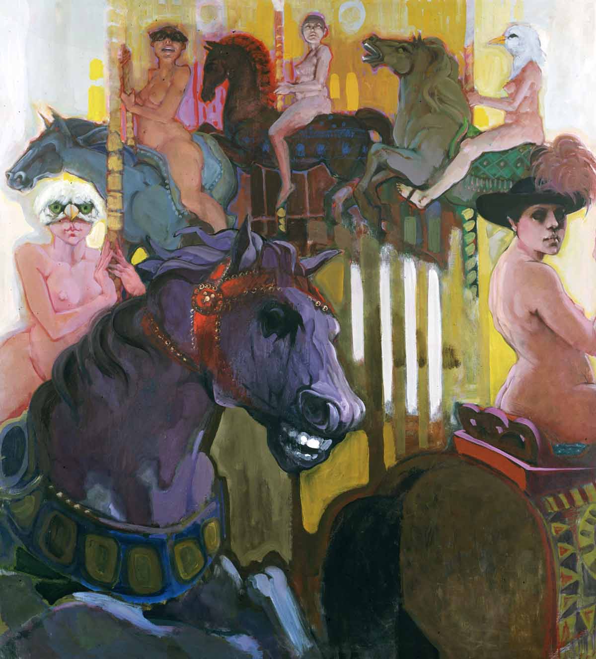 A painting of people on horses in the circus. A painting of people on horses in the circus.