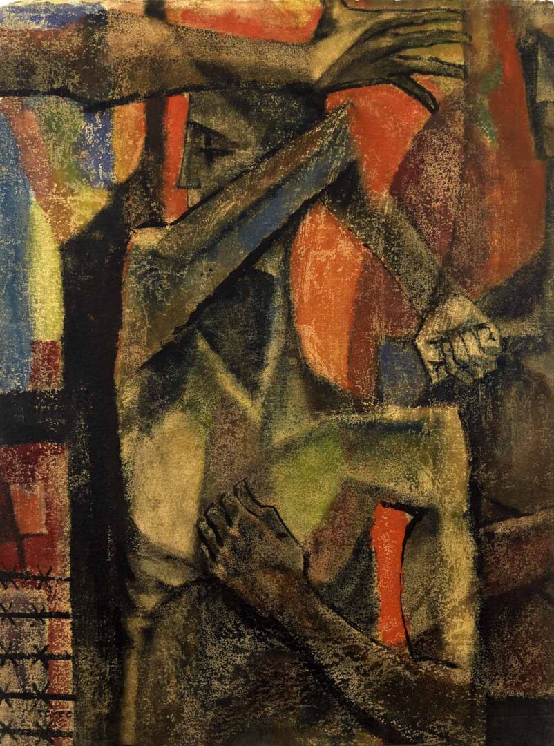 A painting of an abstract scene with orange and green colors. A painting of an abstract scene with orange and green colors.