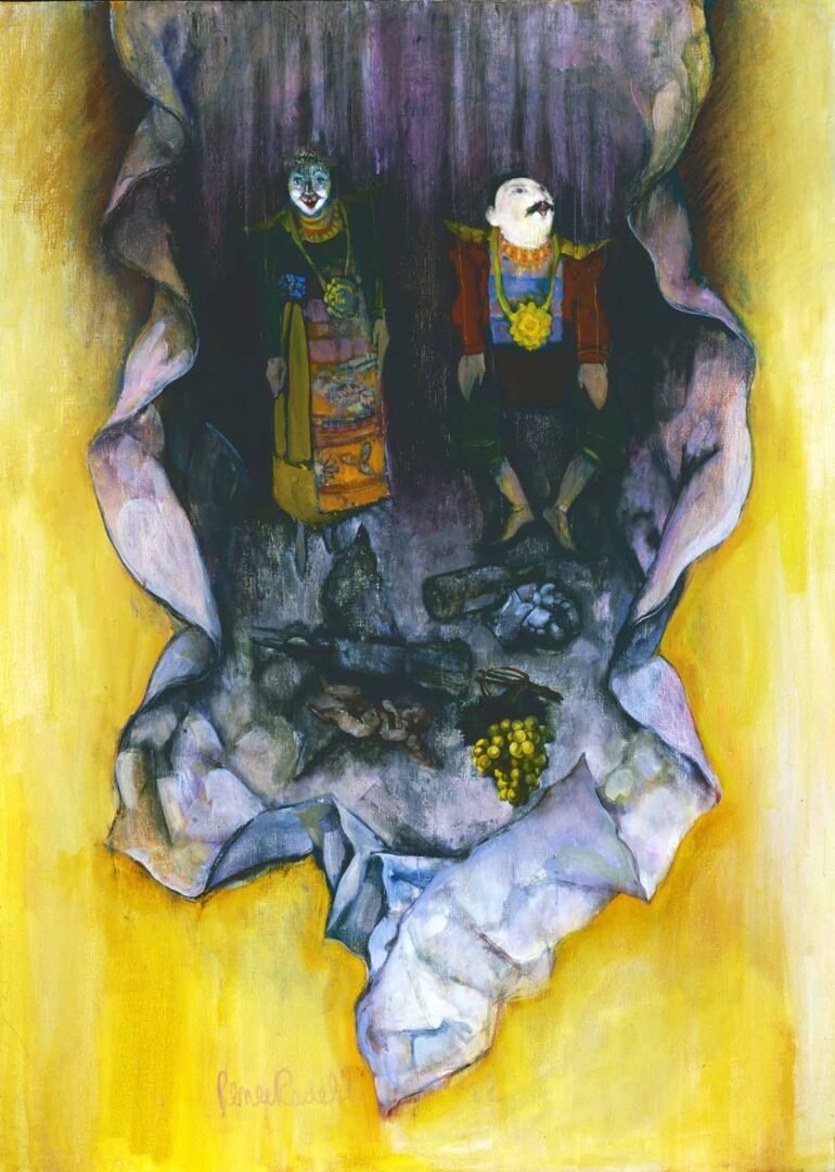 A painting of two people in an open cave A painting of two people in an open cave