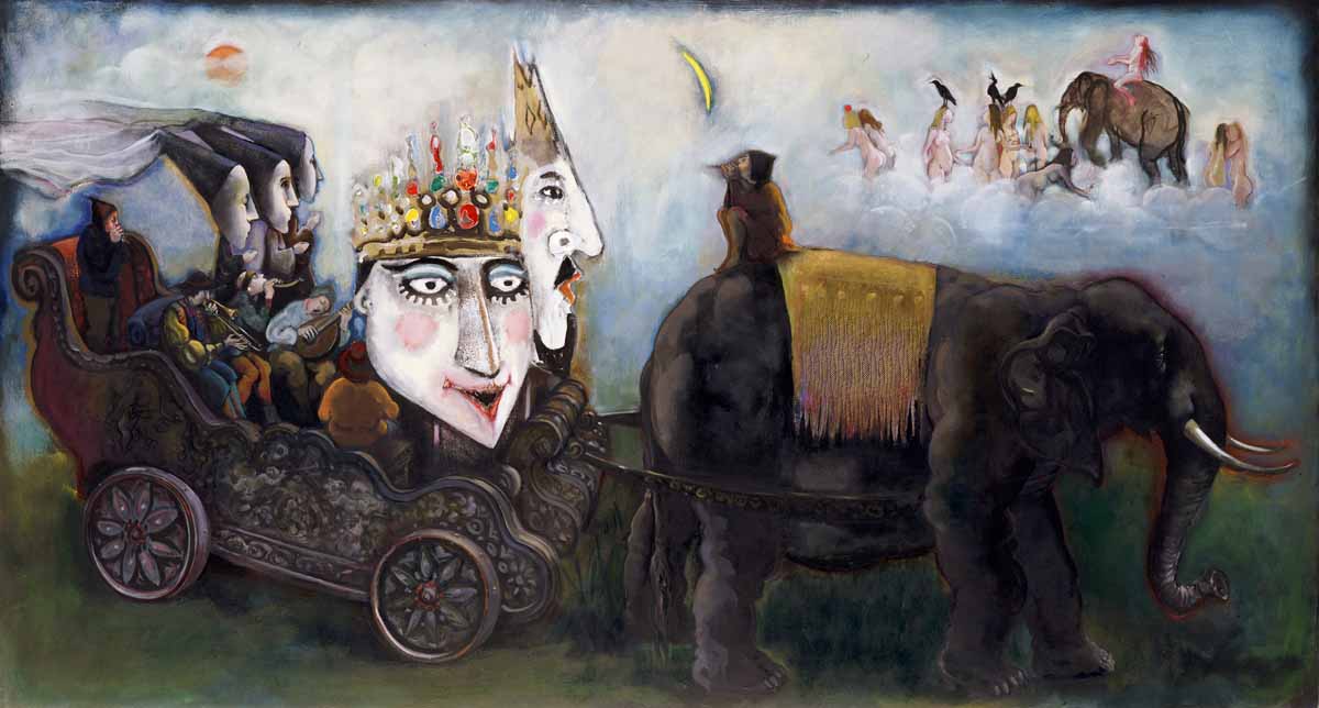 A painting of two people and an elephant