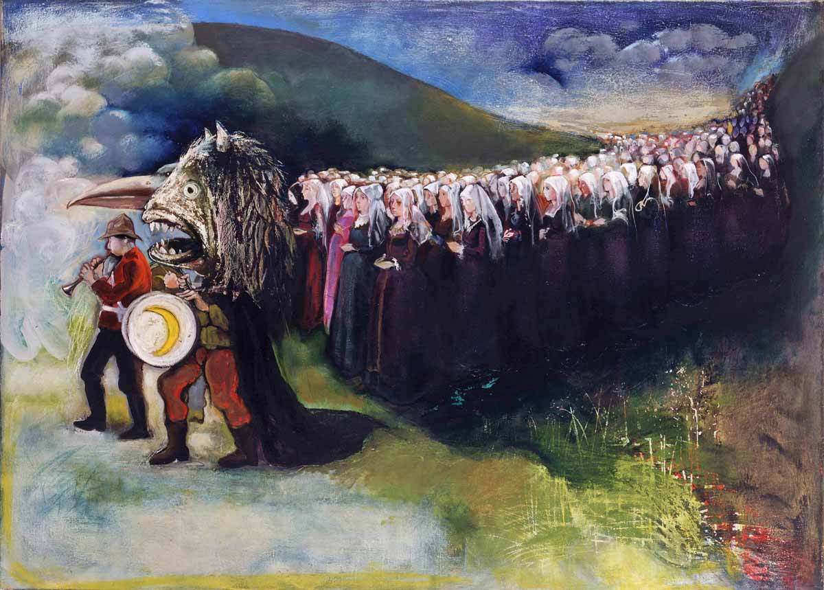 A painting of people in the middle of a crowd. A painting of people in the middle of a crowd.