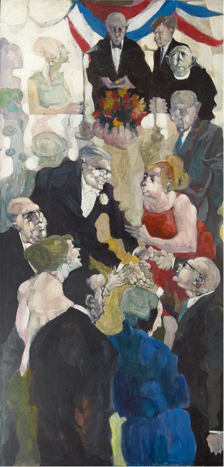 A painting of people in suits and dresses