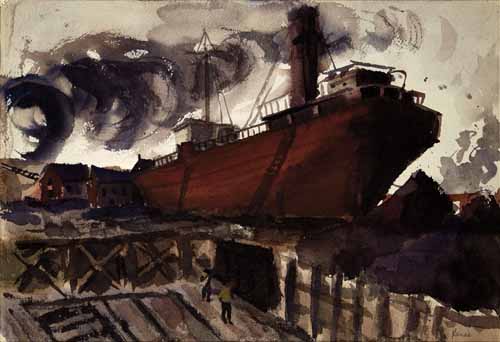A painting of a ship in the water A painting of a ship in the water
