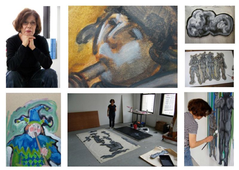 A collage of paintings and people in the room. A collage of paintings and people in the room.