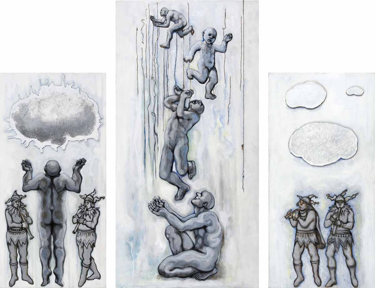 Three paintings of people and a cloud Three paintings of people and a cloud