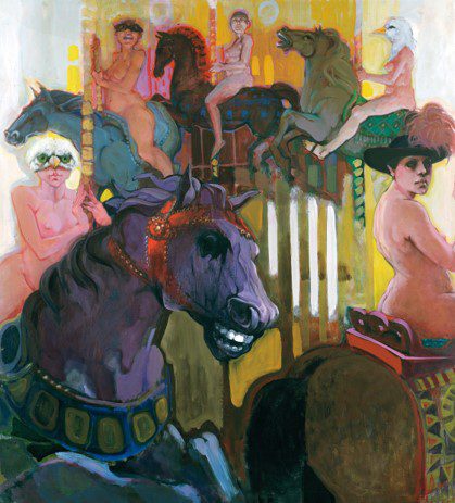 A painting of horses and people in the background. A painting of horses and people in the background.