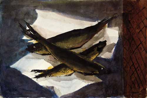 A painting of three fish on paper A painting of three fish on paper
