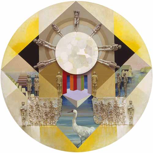 A circular collage of images with a white bird. A circular collage of images with a white bird.