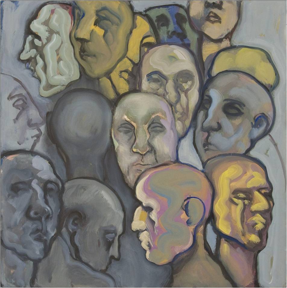 A painting of many different faces in the same color scheme. A painting of many different faces in the same color scheme.