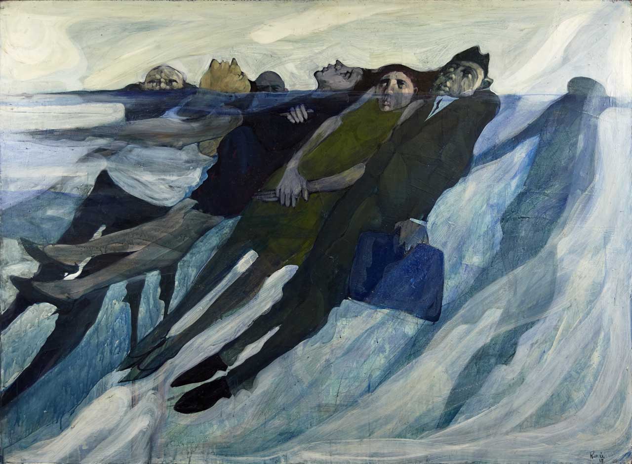 A painting of people skiing in the snow. A painting of people skiing in the snow.