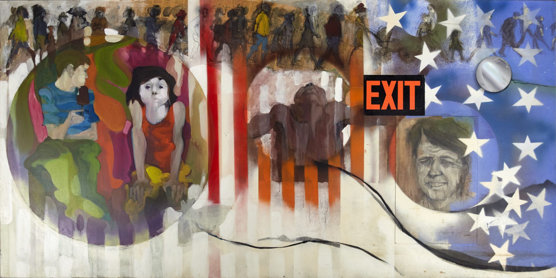 A painting of an exit sign and people in the background. A painting of an exit sign and people in the background.
