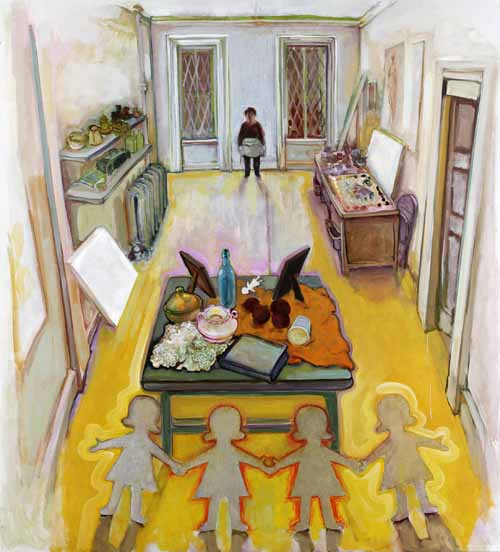 A painting of a room with people in the background A painting of a room with people in the background