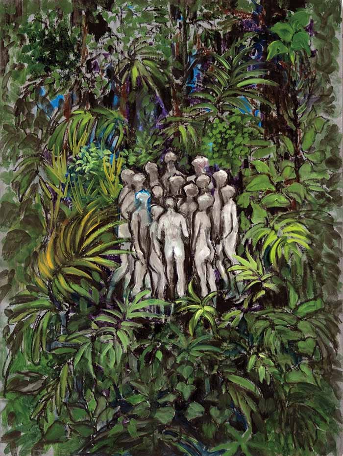 A painting of many naked people in the jungle A painting of many naked people in the jungle