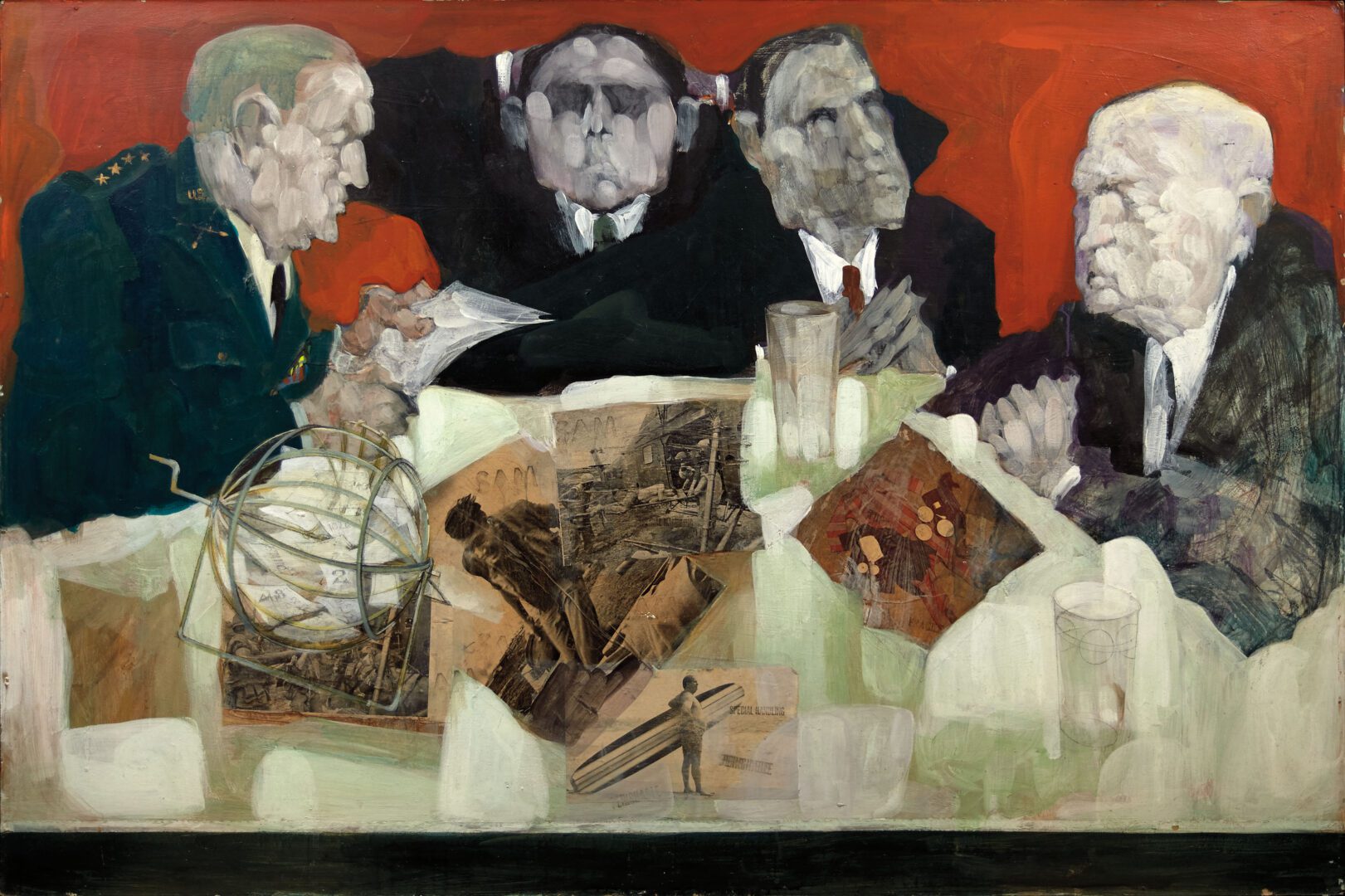 A painting of four men sitting at a table A painting of four men sitting at a table