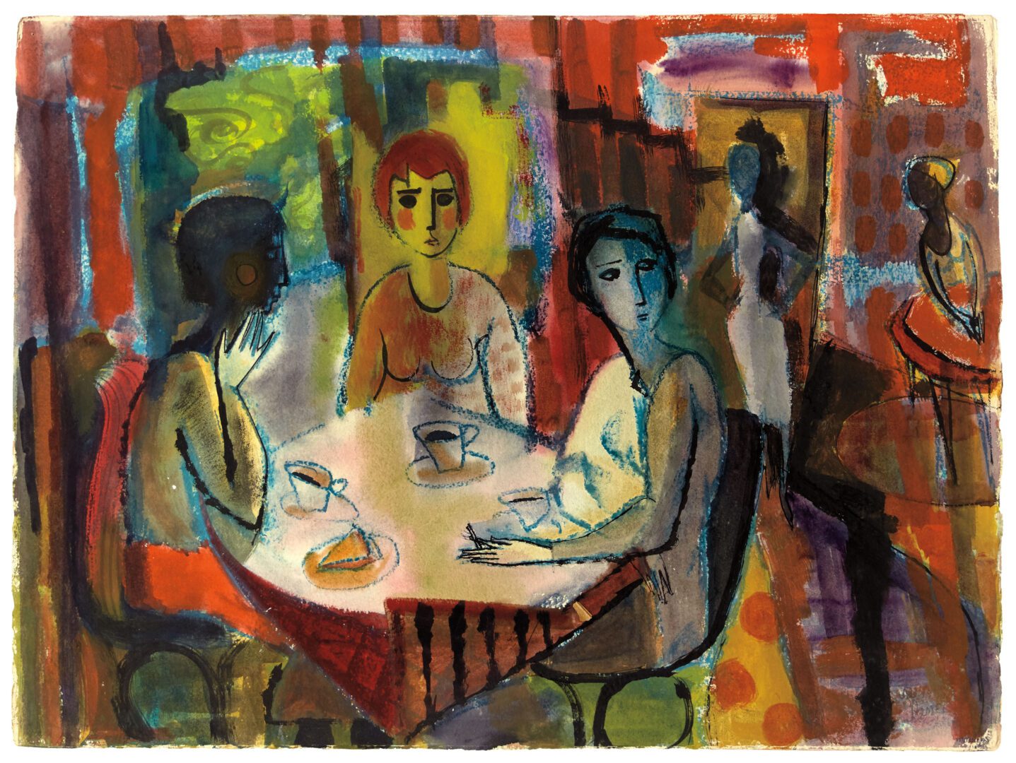 A painting of three people sitting at a table A painting of three people sitting at a table